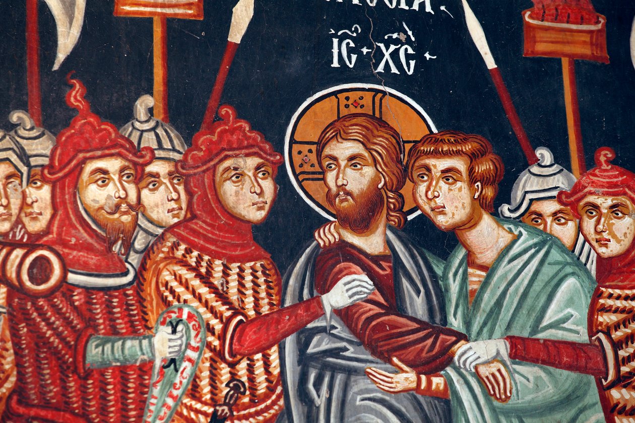 Byzantinisches Fresko aus dem 15. Jahrhundert Judas Verrat und die Verhaftung Jesu Michael Erzengel Kirche in Pedoulas Zypern Bemalte Kirchen UNESCO-Stätte Troodos, Zypern von Unbekannt