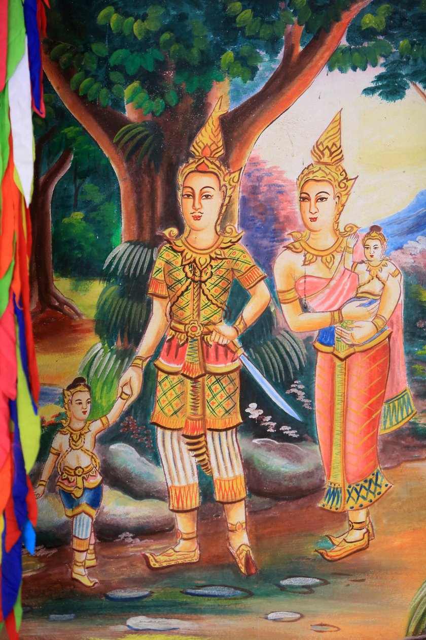 Deckenmalerei, die das Leben Buddhas darstellt. Wat Si Sou Mang Karam Tempel. Vieng Vang, Laos von Unbekannt