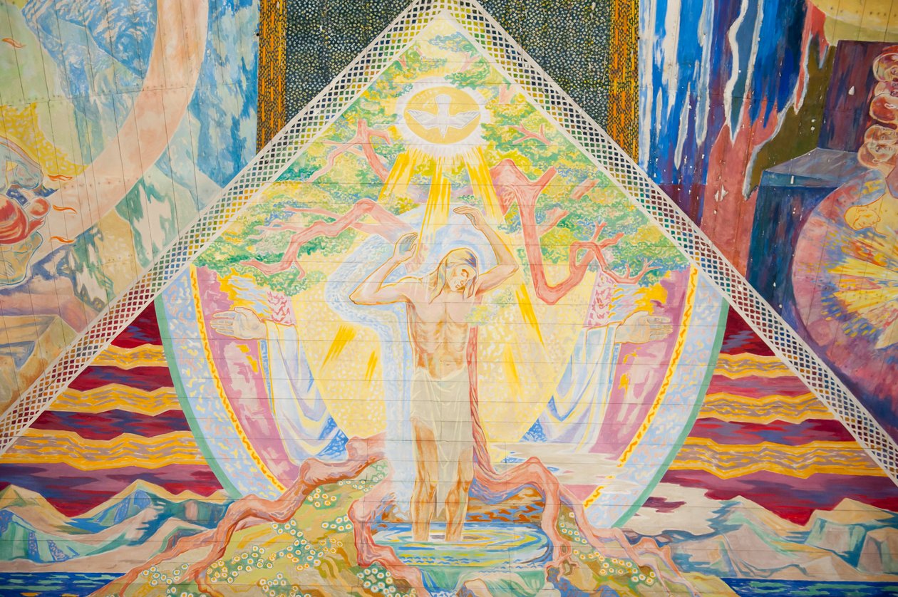 Christentum; modern; Kunst; farbenfrohes Deckenbild von Lous Mohr „Trinität“; 1938; Gemälde von Jesus Christus in der Osloer Kathedrale; Oslo Domkirke; Oslo; Norwegen; Skandinavien; Nordeuropa; Europa von Unbekannt