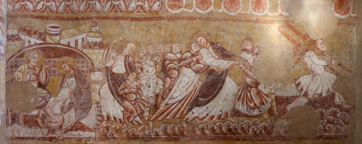 Kirche (Église Saint-Martin). Innenraum. Wandmalereien (Fresko). Nordwand des Chors. Detail. Verhaftung Christi, Fußwaschung. 12. Jahrhundert von Unbekannt