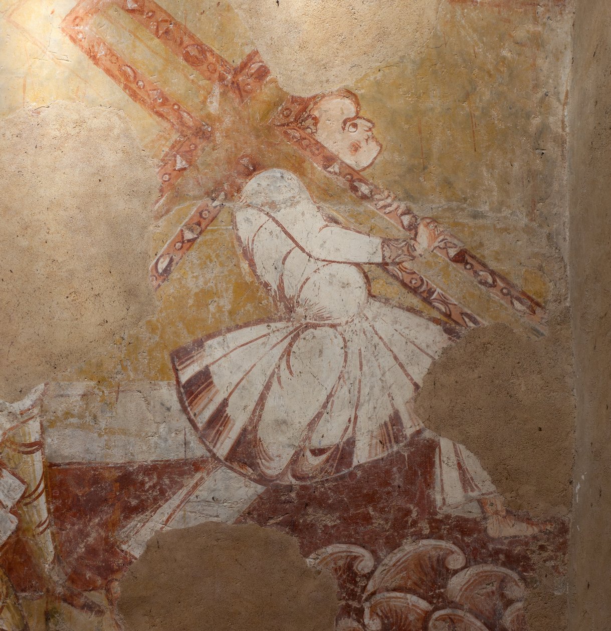 Kirche (Église Saint-Martin). Innenraum. Wandmalereien (Fresko). Nordwand des Chors. (Detail) Simon von Kyrene trägt das Kreuz. 12. Jahrhundert. von Unbekannt