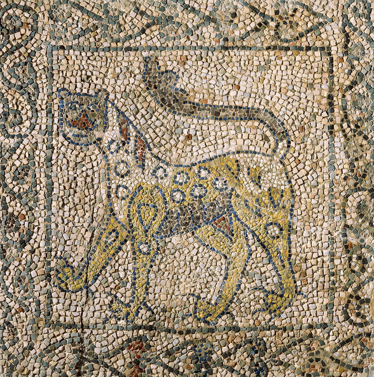 Kirche des Heiligen Johannes Evangelist, Vierter Kreuzzug, Fragmente von Mosaikböden, die einen gefleckten Panther darstellen, Ravenna, Emilia-Romagna, Italien von William M. Timlin