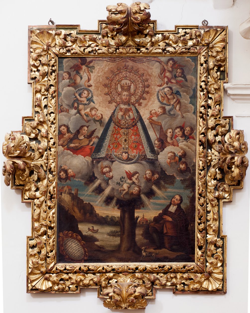 Kollegiatskirche. Innenraum. Gemälde. (Nuestra Señora de la Esperanza). Text in einem Medaillon: „RETRA TOD LA MIL CROSA Imajen DNUESTRA S DL Esperanza A Parecida A Fernando de ZILLLa Faňa iezi rodela Villa Riue mde el Tajo ter mi?to esta villa“. Signiert  von Unbekannt