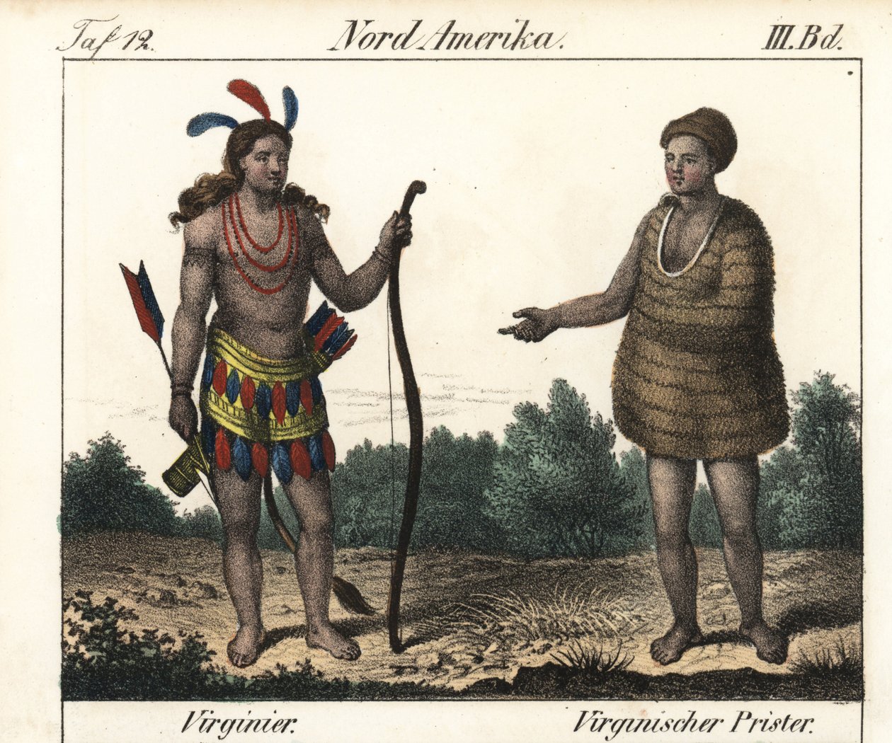 Kostüm der Powhatan-Indianer von Virginia (USA): ein Krieger und ein Priester von Secota. Lithografie für das Buch: „Galerie complète en tableaux fidèles des peuples d