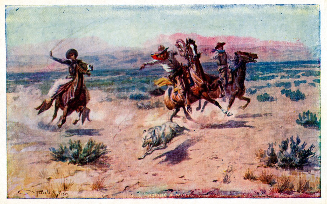 Cowboys auf Pferden fangen einen Wolf mit dem Lasso von Unbekannter Künstler