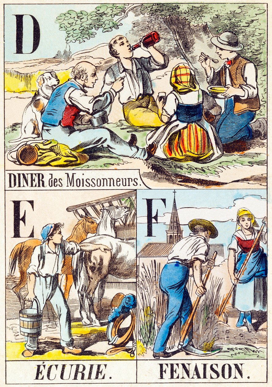 D E F: Abendessen der Erntearbeiter, Stall, Heuernte - „Alphabet des Bauernhofs“ Ende des 19. Jahrhunderts (Gravur) von Unbekannt