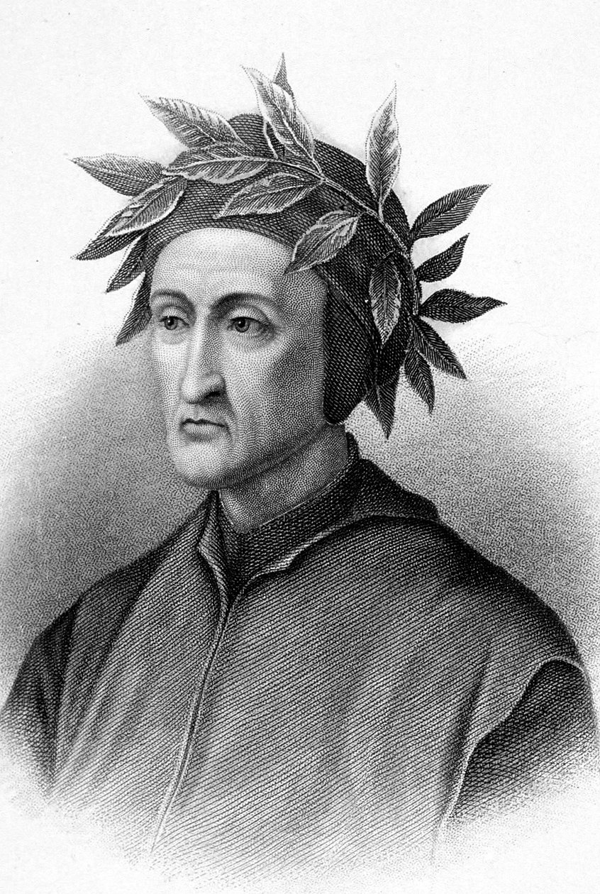 Dante Alighieri (1265-1321), italienischer Schriftsteller (Göttliche Komödie), hier mit Lorbeerkranz, Kupferstich von Unbekannter Künstler