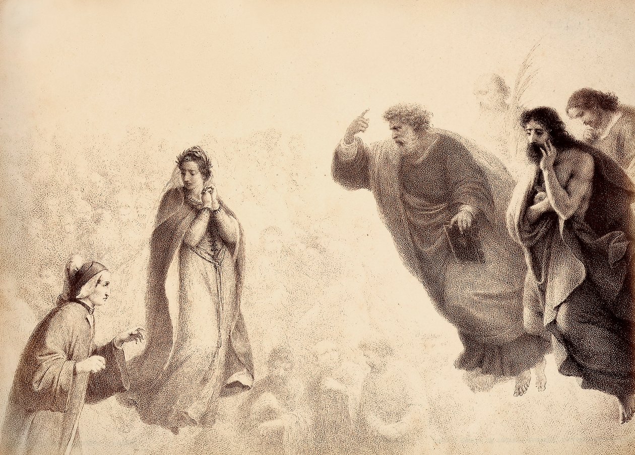 Dante und Beatrice vor den leuchtenden Geistern der Apostel Petrus, Jakobus und Johannes. Petrus hat seinen Arm in einem Zeichen des Zorns erhoben. Illustration von Canto XXVII in Paradiso der Göttlichen Komödie von Dante Alighieri. Werk von Francesco Scar von Unbekannter Künstler