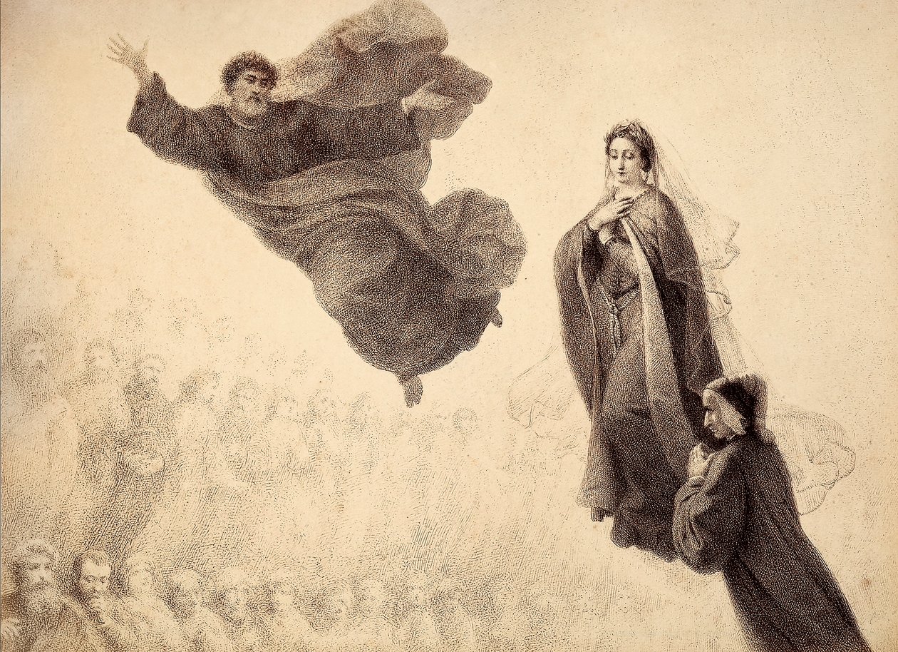Dante und Beatrice treffen St. Peter. Illustration von Canto XXIV in Paradiso der Göttlichen Komödie von Dante Alighieri. Werk von Francesco Scaramuzza, gewidmet der Gemeinde Florenz. von Unbekannter Künstler
