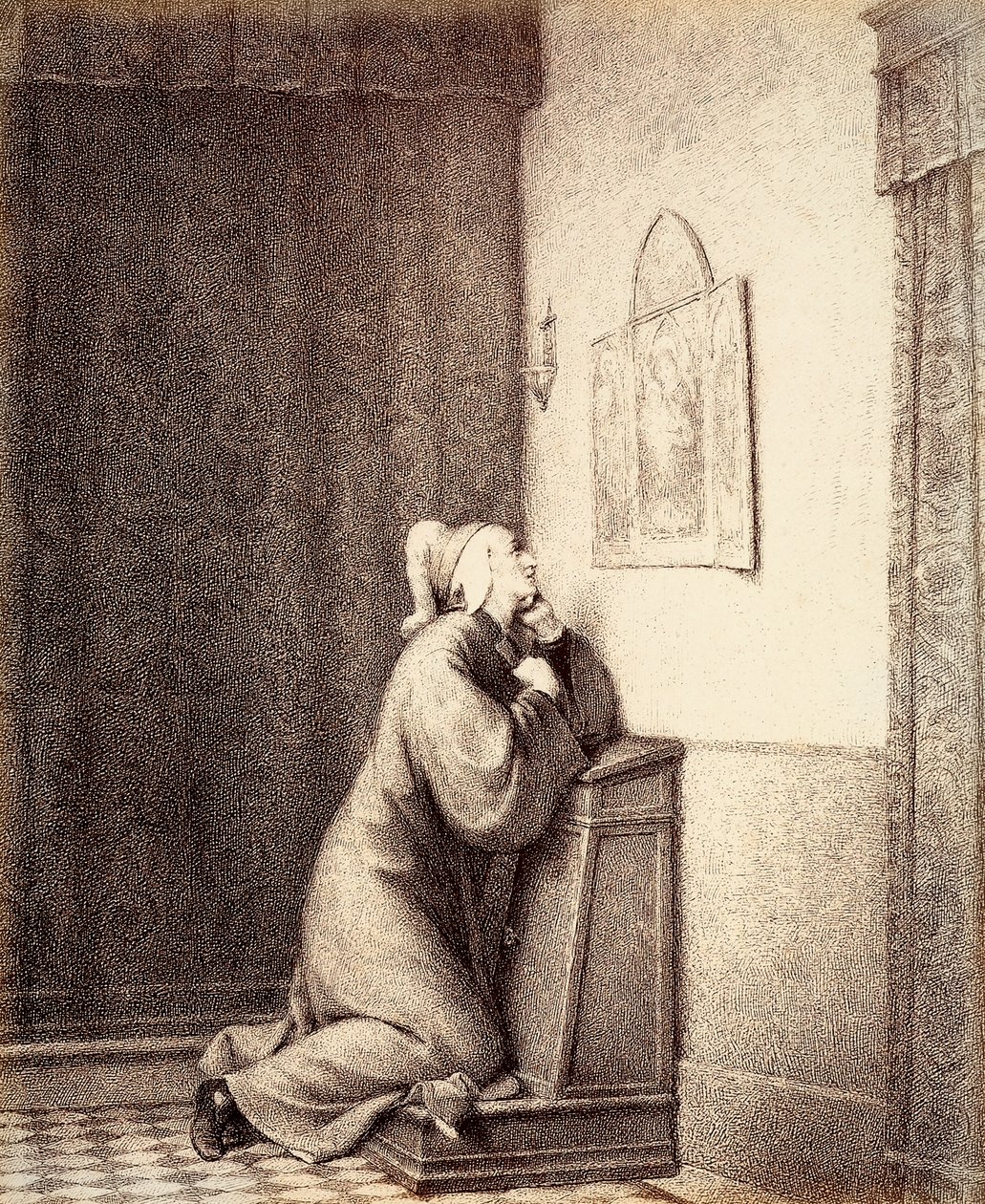 Dante kniet im Gebet, mit seinem Blick auf ein Triptychon gerichtet. von Unbekannter Künstler