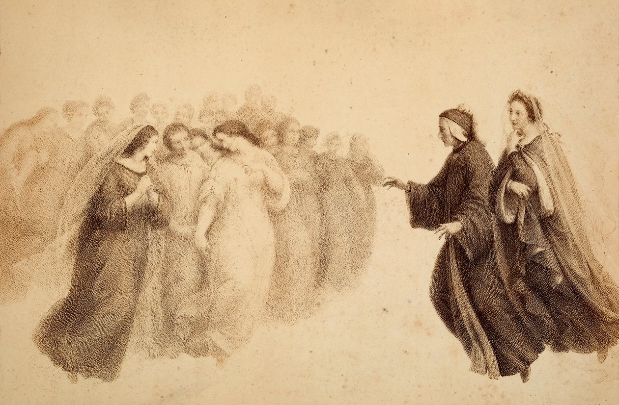 Dante zusammen mit Beatrice und den seligen Geistern. Illustration von Canto XXXIII in Paradiso der Göttlichen Komödie von Dante Alighieri. Werk von Francesco Scaramuzza, gewidmet der Gemeinde Florenz von Unbekannter Künstler