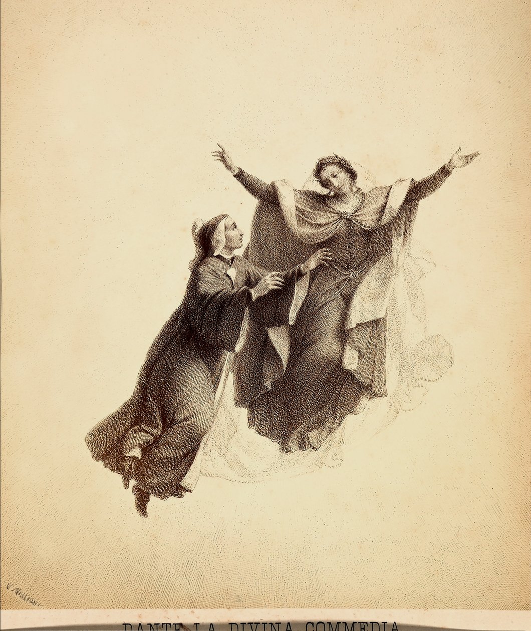 Dante, mit offenen Armen, von Beatrice durch das Firmament des Paradieses geführt. Illustration von Canto I in Paradiso der Göttlichen Komödie von Dante Alighieri. Werk von Francesco Scaramuzza, gewidmet der Gemeinde Florenz. von Unbekannter Künstler