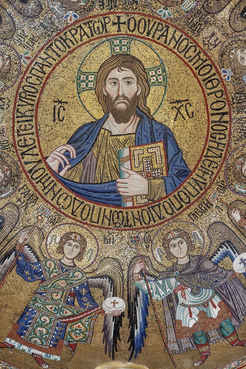 Kuppel des Querschiffs: Mosaik "Segnender Christus Pantokrator zwischen Engeln und Erzengeln", 12. Jahrhundert, Die Palatinkapelle, Der Königspalast oder Palazzo dei Normanni (Palast der Normannen), Palermo, Sizilien, Italien von Unbekannter Künstler