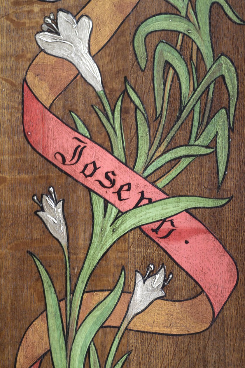 Zeichnung. Blumen und ein Band mit dem Namen Joseph darauf, Fecamp, Frankreich von Unbekannt