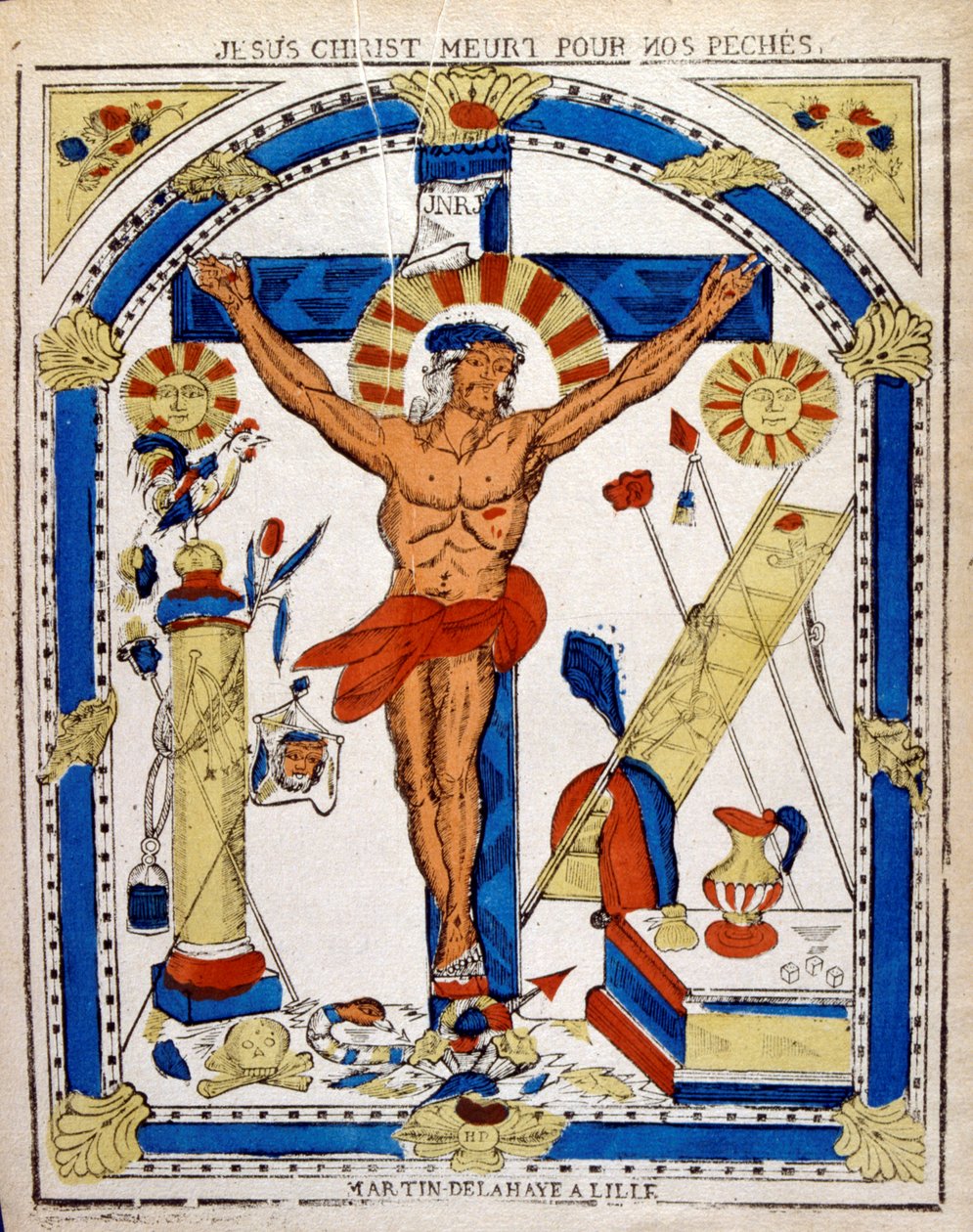 Niederländische Illustration aus dem 19. Jahrhundert, die den gekreuzigten Christus zeigt. Holzschnitt ca. 1850 von Unbekannter Künstler