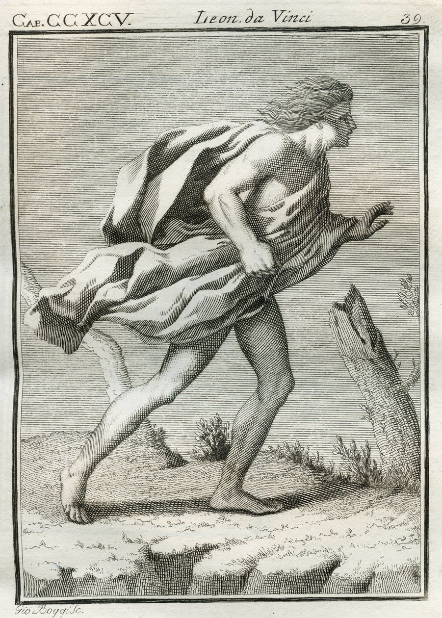Studie eines Mannes, der gegen den Wind geht, mit vom Wind zerzausten Kleidern und Haaren und nach vorne geneigtem Körper. Gravur aus „Trattato della pittura“ von Leonardo da Vinci (1452-1519) von Unbekannt