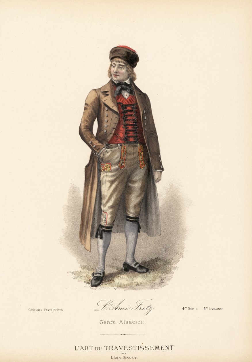 Faschingskostüm Elsässisches Kostüm für den Ami Fritz (Charakter Fritz Kobus aus dem Roman von Erckmann-Chatrian). Reitmantel, Kaschmirweste, Hosen und Pelzmütze. Handkolorierte Lithographie nach einem Entwurf von Leon Sault aus L