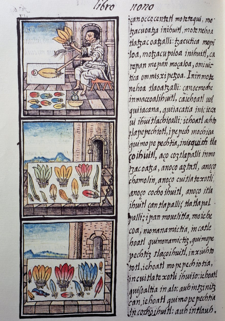 Federverarbeitung nach der spanischen Eroberung, Seite aus dem Florentiner Kodex, zweisprachige Version in Spanisch und Nahuatl, Allgemeine Geschichte der Dinge von Neuspanien, von Fray Bernardino de Sahagun von William M. Timlin