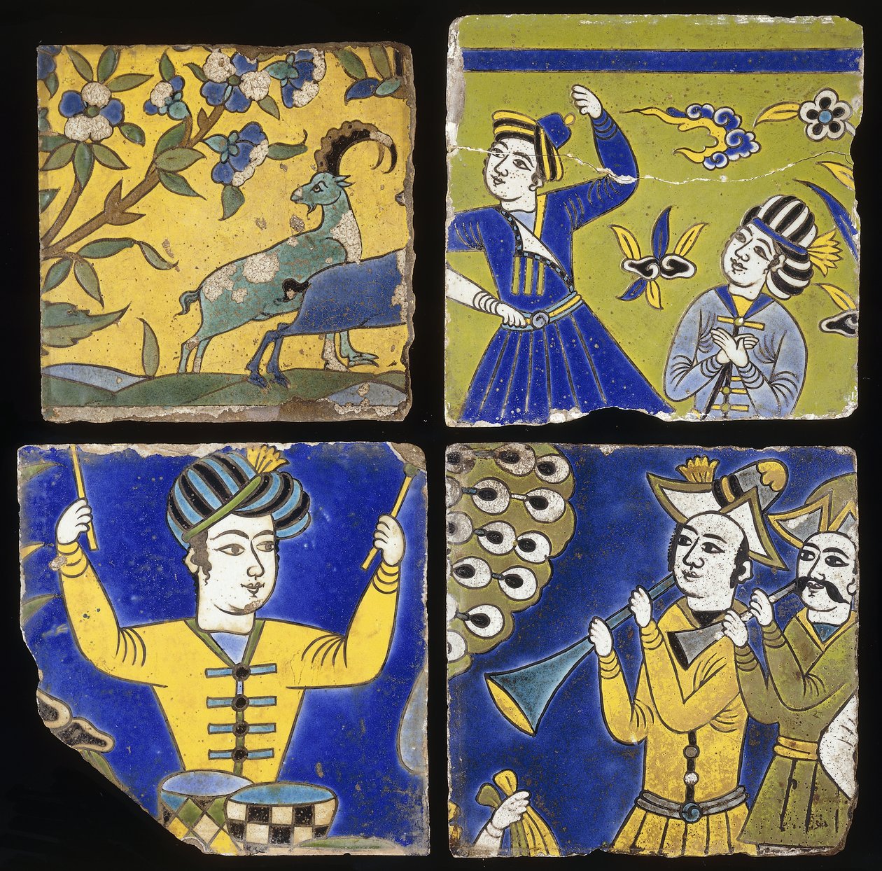 Vier Saffavid cuerda seca Fliesen, die zwei Steinböcke und die Figuren von Musikern und Tänzern darstellen, ca. 1600 von Unbekannt