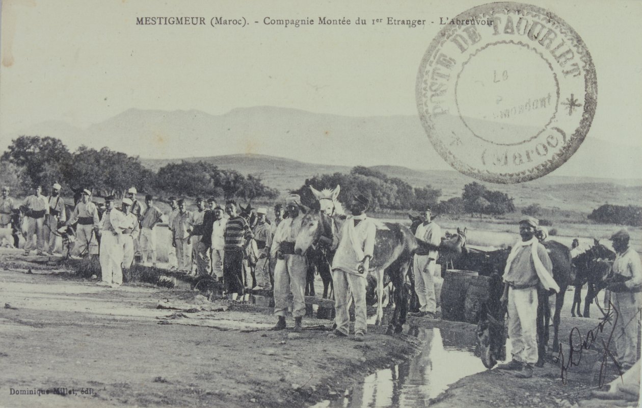 Französische Legionärskolonialsoldaten auf Patrouille in der Nähe des Atlasgebirges, Marokko. Postkarte 1909 von Unbekannter Künstler