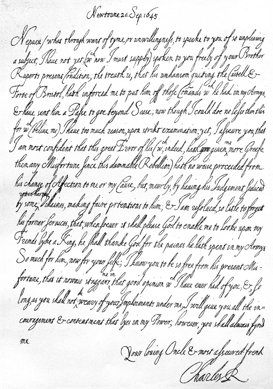 Freundlicher Brief von Karl I. an seinen Neffen, Prinz Maurice, geschrieben in Newtown, Powys, Wales, 20. September von Unbekannt