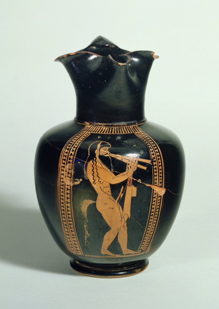 GR.126-1864 Oinochoe, verziert mit Satyr, der Doppelrohre spielt, attische rotfigurige Keramik, Athen, griechisch, 520 v. Chr. von Unbekannt