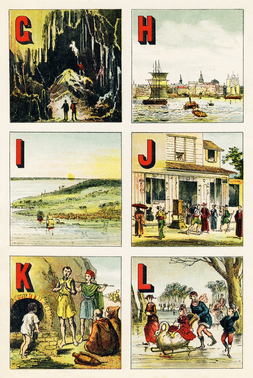 G H I J K L: Grotte, Hamburg, Insel, Japan, Kabylie, See - Gravur aus Alphabet geographique. Guerin-Muller et Cie, Verleger, Paris von Unbekannt
