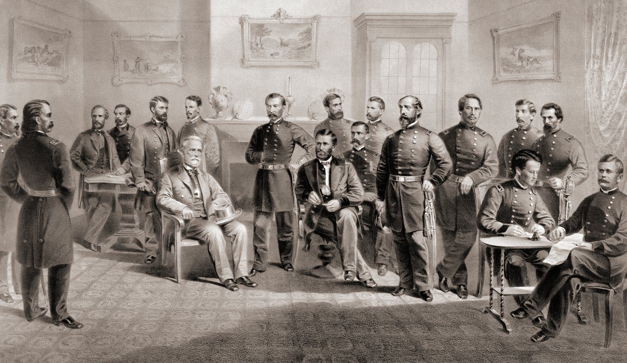 General Ulysses S. Grant (sitzend Mitte rechts) und General Robert E. Lee (sitzend Mitte links) mit ihrem jeweiligen Stab im Appomattox Courthouse, Virginia, wo General Lee die Armee von Nord-Virginia übergab und damit den Amerikanischen Bürgerkrieg beende von Unbekannt