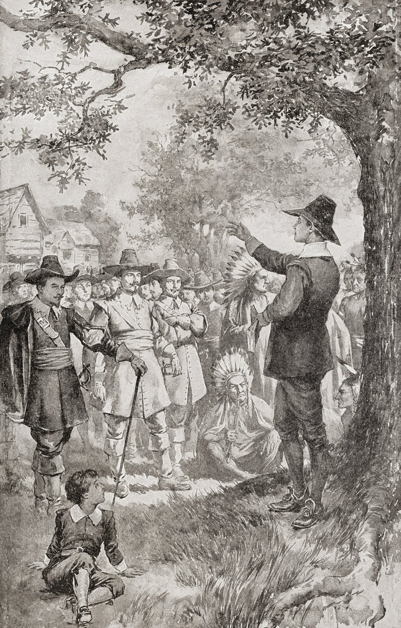 George Fox predigt 1671 einer Menge in Maryland, Amerika, während eines viertägigen Treffens lokaler Quäker. George Fox von Unbekannter Künstler