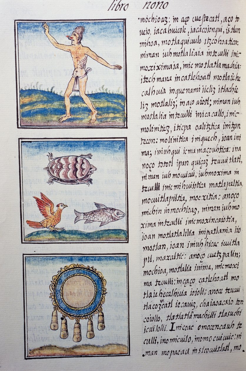 Goldschmied, Seite aus dem Florentiner Kodex, zweisprachige Version in Spanisch und Nahuatl, Allgemeine Geschichte der Dinge von Neuspanien, von dem spanischen Missionar Fray Bernardino de Sahagun (1499-1590). Aztekische Zivilisation von William M. Timlin