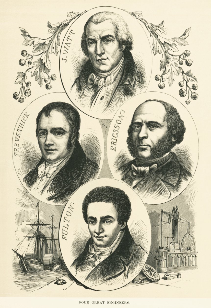 Große Ingenieure und Erfinder: James Watt, John Ericsson, Robert Fulton, Richard Trevithick, ca. 1880 von Unbekannt