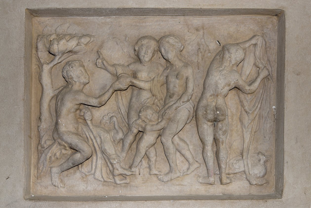 Griechische Mythologie: das Urteil des Paris. Der Hirte Paris muss die schönste der drei Göttinnen aus Aphrodite (Venus), begleitet von Amor, Hera (Juno) und Athena (Minerva) wählen. Er wählt Aphrodite, der er einen goldenen Apfel überreicht. Relief von Unbekannt