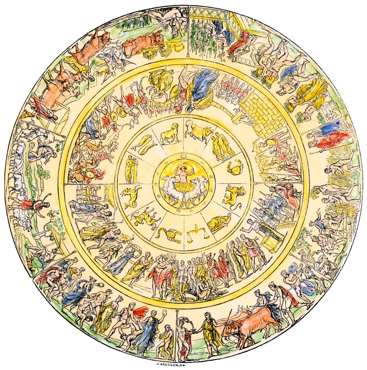 Griechische Mythologie: Der Schild des Achilles, Held des Trojanischen Krieges. Kolorierte Gravur des 19. Jahrhunderts. von Unbekannter Künstler