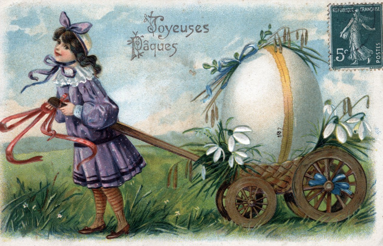 Ostergrußkarte: ein kleines Mädchen fängt ein riesiges Ei in einem Wagen - Postkarte Ende 19. Anfang 20. Jahrhundert von William M. Timlin