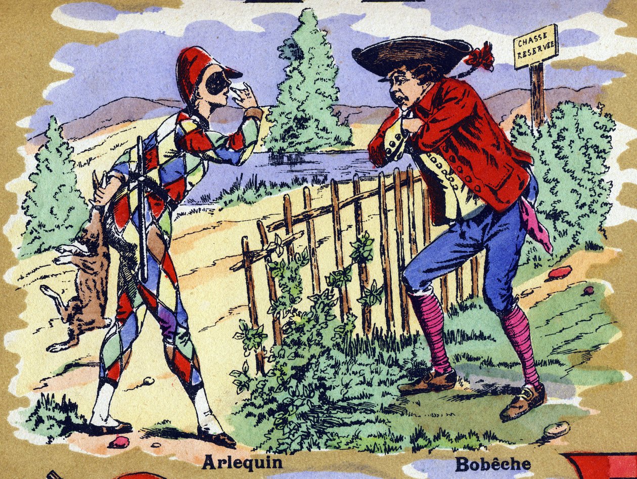 Harlekin und Bobeche. Illustriertes Alphabet. Bilder vereint in Jarville-Nancy, Anfang des 20. Jahrhunderts. Dim: 40 x 29 cm. Lithografie auf bistre Hintergrund von William M. Timlin