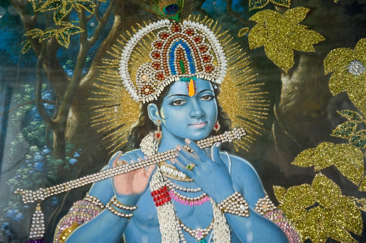 Hinduismus; Gemälde von Lord Krishna mit Flöte; Durgiana Mandir Vishnu Tempel; Amritsar; Punjab; Indien; Südasien; Asien von Unbekannt
