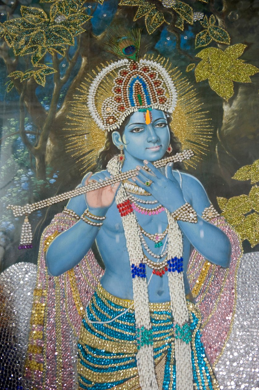 Hinduismus; Gemälde von Lord Krishna mit Flöte; Durgiana Mandir Vishnu Tempel; Amritsar; Punjab; Indien; Südasien; Asien von Unbekannt