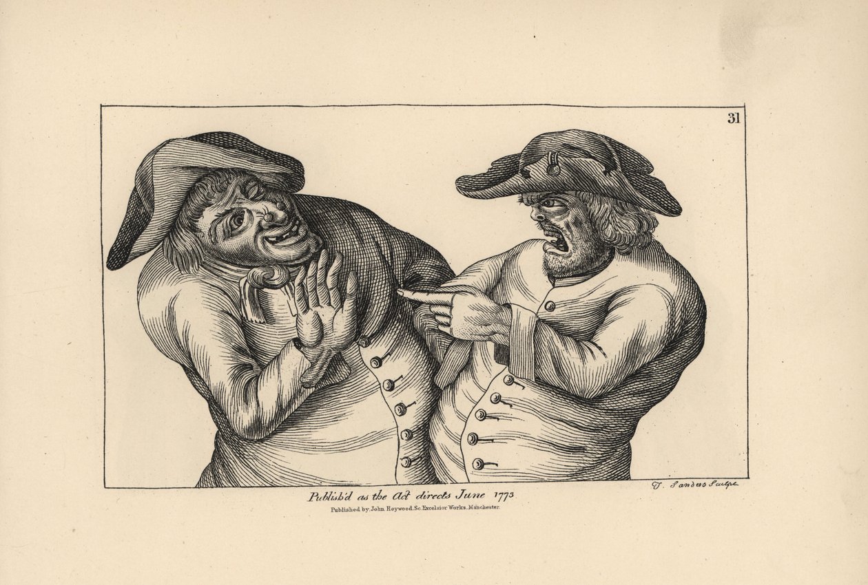 Hodge und Roaf beschuldigen sich gegenseitig, einen Topf Urin anstelle eines Krugs Bier stehen gelassen zu haben. Kupferstich von Thomas Sanders nach einer satirischen Illustration von Timothy Bobbin (John Collier) aus Human Passions Delineated, John Haywo von Unbekannter Künstler