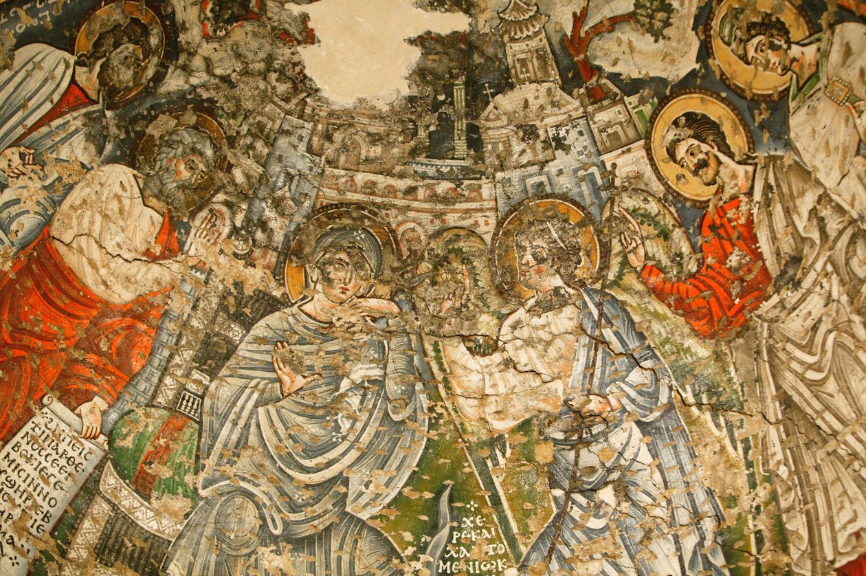 Heilige Jungfrau und Heiliger Johannes, Kame koptisches Kloster: 9. Jh. Fresko: Die Verkündigung. Maria ist umgeben von den Propheten Moses, Jesaja, Ezechiel und Daniel. von Unbekannt