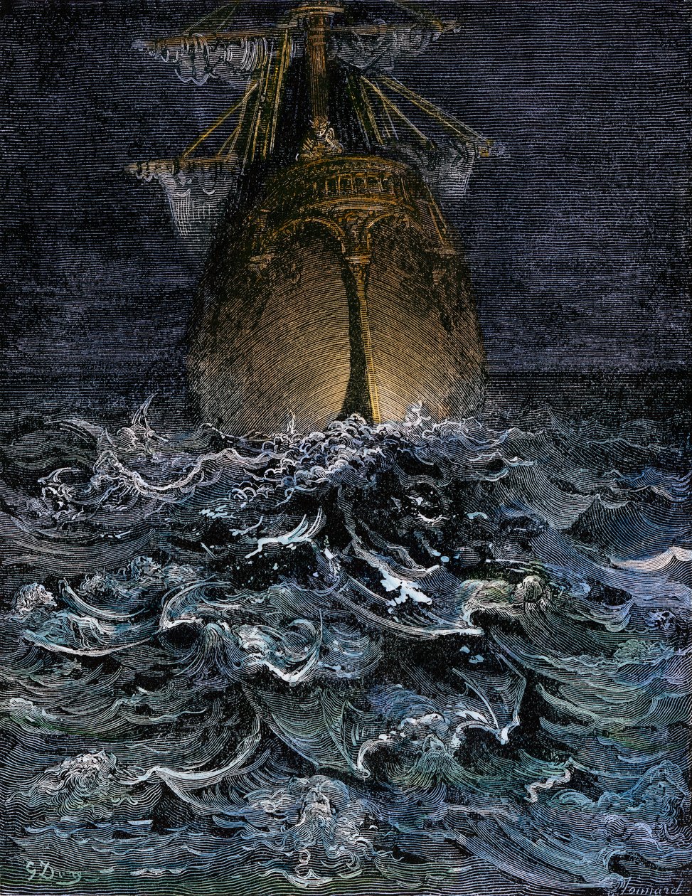 Ich beobachtete das Meer in Zersetzung, der Rumpf eines Schiffes auf dem Meer bei Nacht - Illustration von Gustave Doré (1832-1883) für „La Lournte du vieux sailor“ von Samuel Taylor Coleridge (1772-1834) - Kolorierte Gravur von Unbekannter Künstler