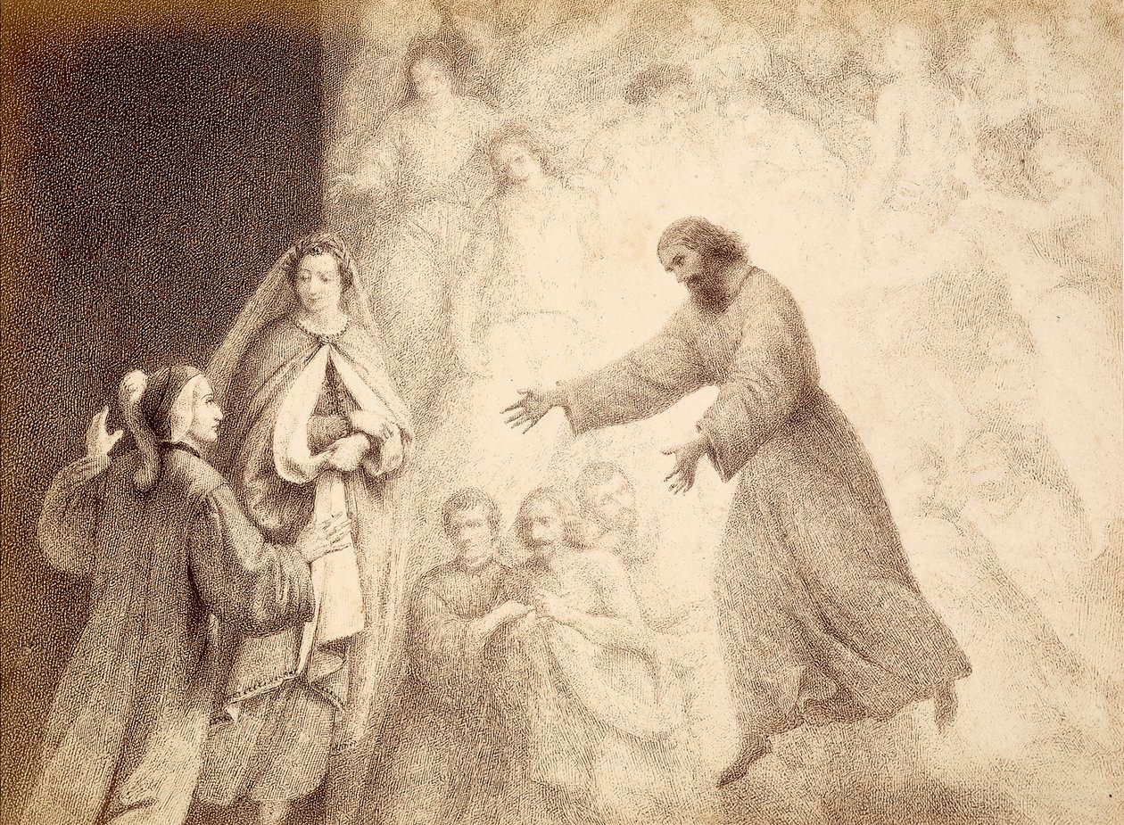 Im Mars-Sphäre trifft Dante den Geist seines Vorfahren Cacciaguida. Illustration von Canto XV in Paradiso der Göttlichen Komödie von Dante Alighieri. Werk von Francesco Scaramuzza, gewidmet der Gemeinde Florenz. von Unbekannter Künstler