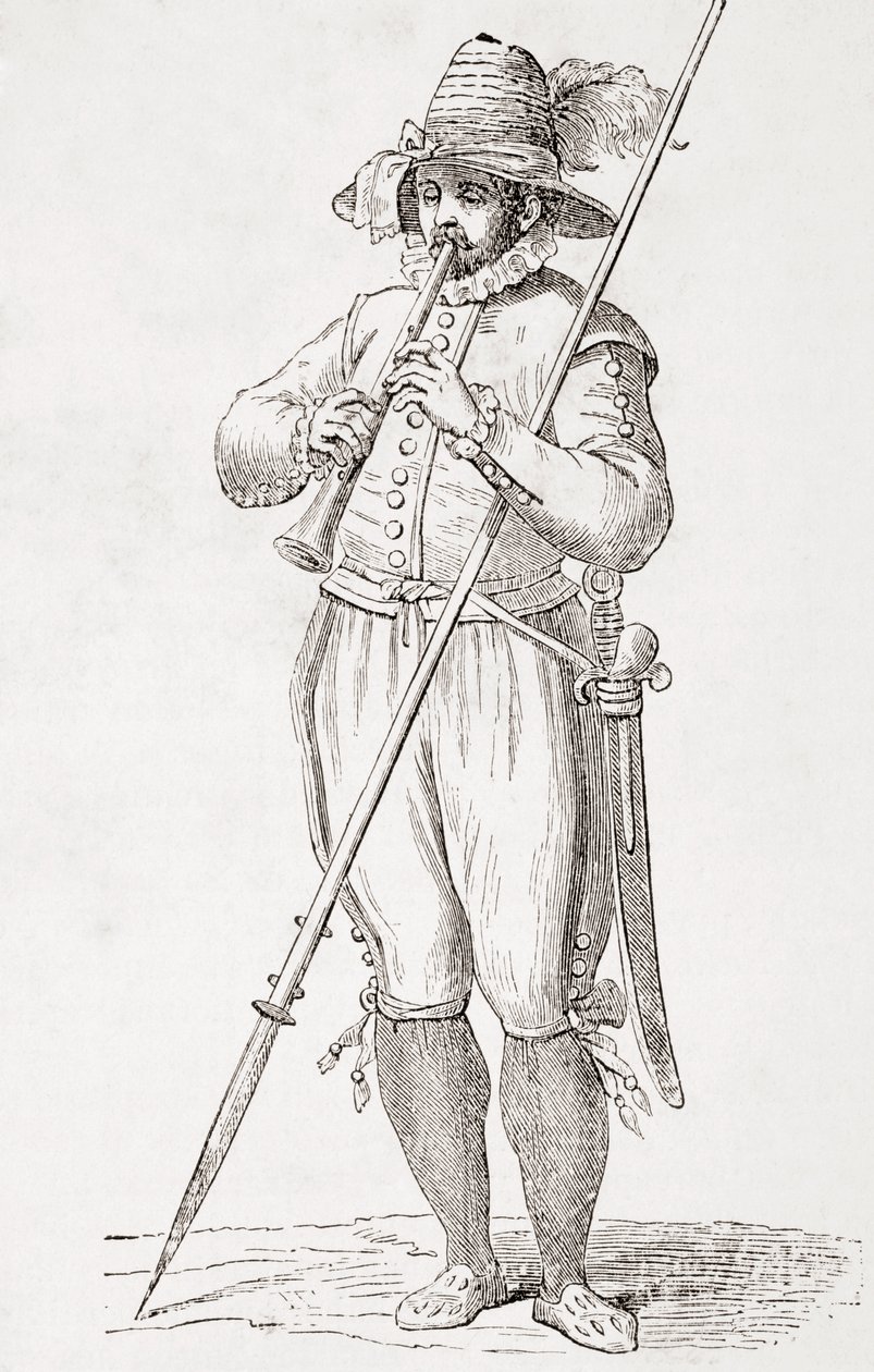 Italienischer Bauer, der Dulzaina spielt, nach einem Werk aus dem 16. Jahrhundert von Cesare Vecellio, aus 