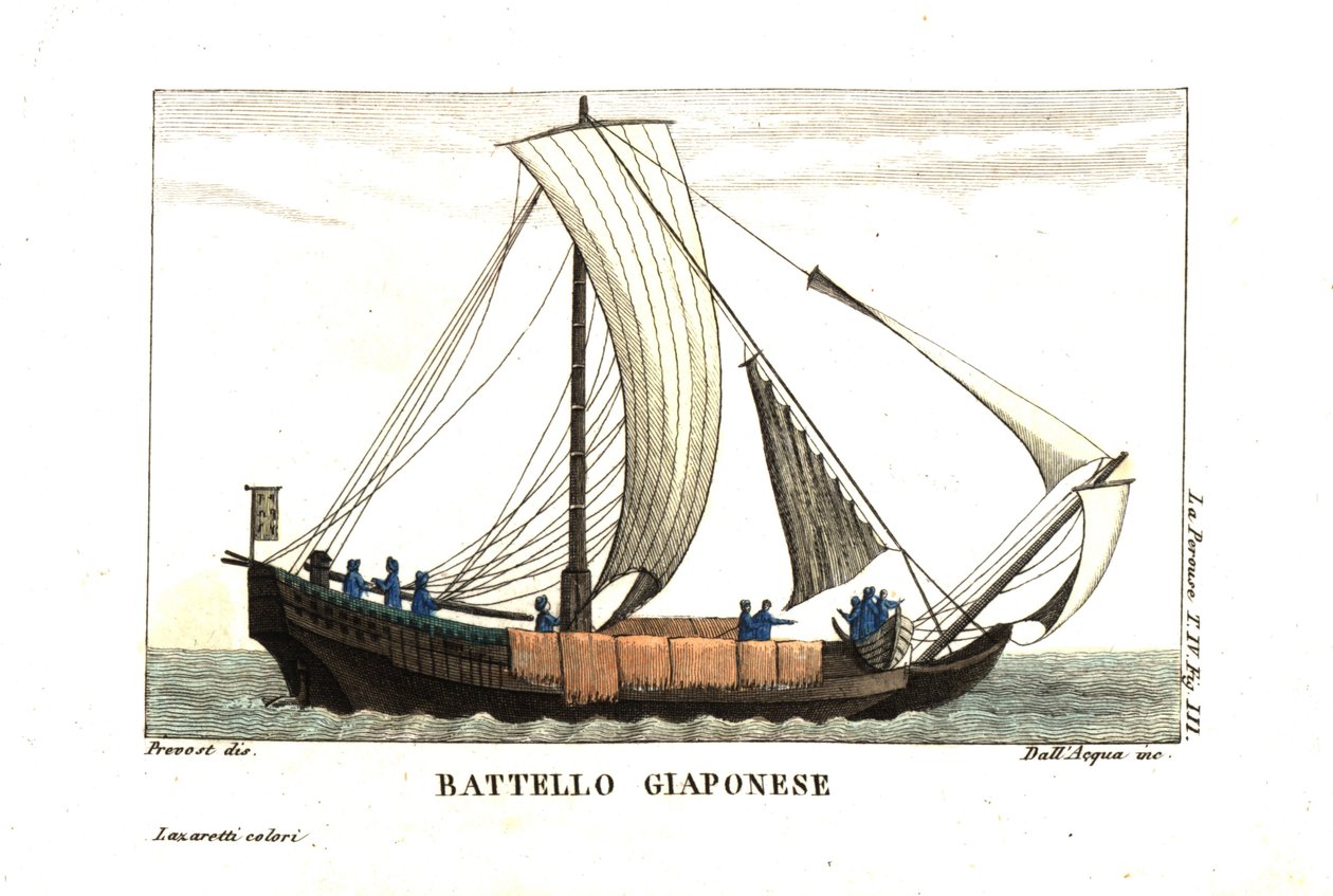 Japanisches Segelboot. Illustration von Jean Louis Prevost aus Jean François de Galaup, Graf von La Perouse (1741-1788) Journal. Kupferstich von dell