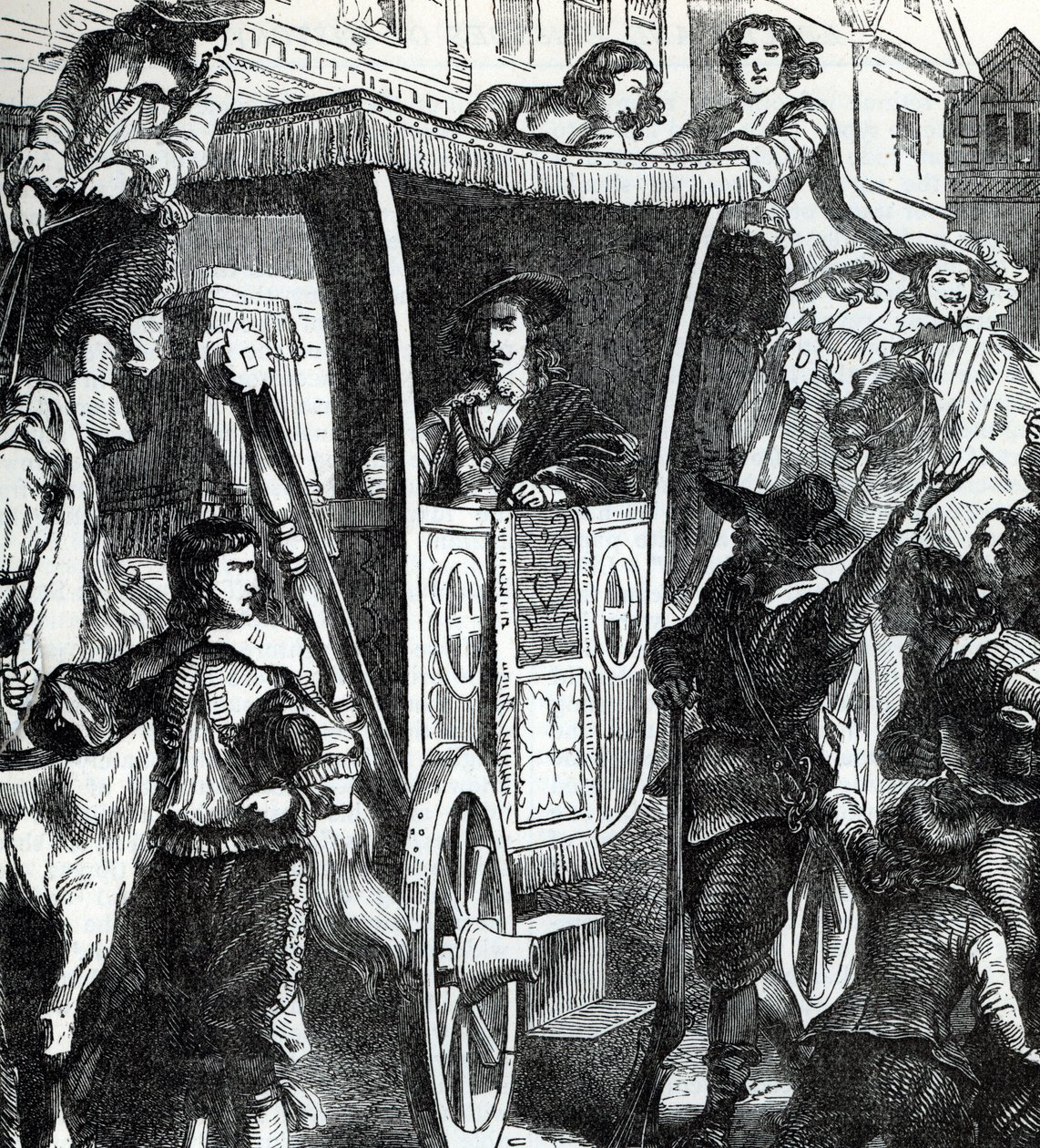 König Karl I. wird von der Menge verhöhnt nach dem gescheiterten Versuch, die fünf Parlamentsmitglieder John Pym, John Hampden, Denzil Holles, William Strode und Arthur Haselrig am 4. Januar 1642 zu verhaften. 19. Jahrhundert (Gravur aus „Geschichte der We von Unbekannter Künstler