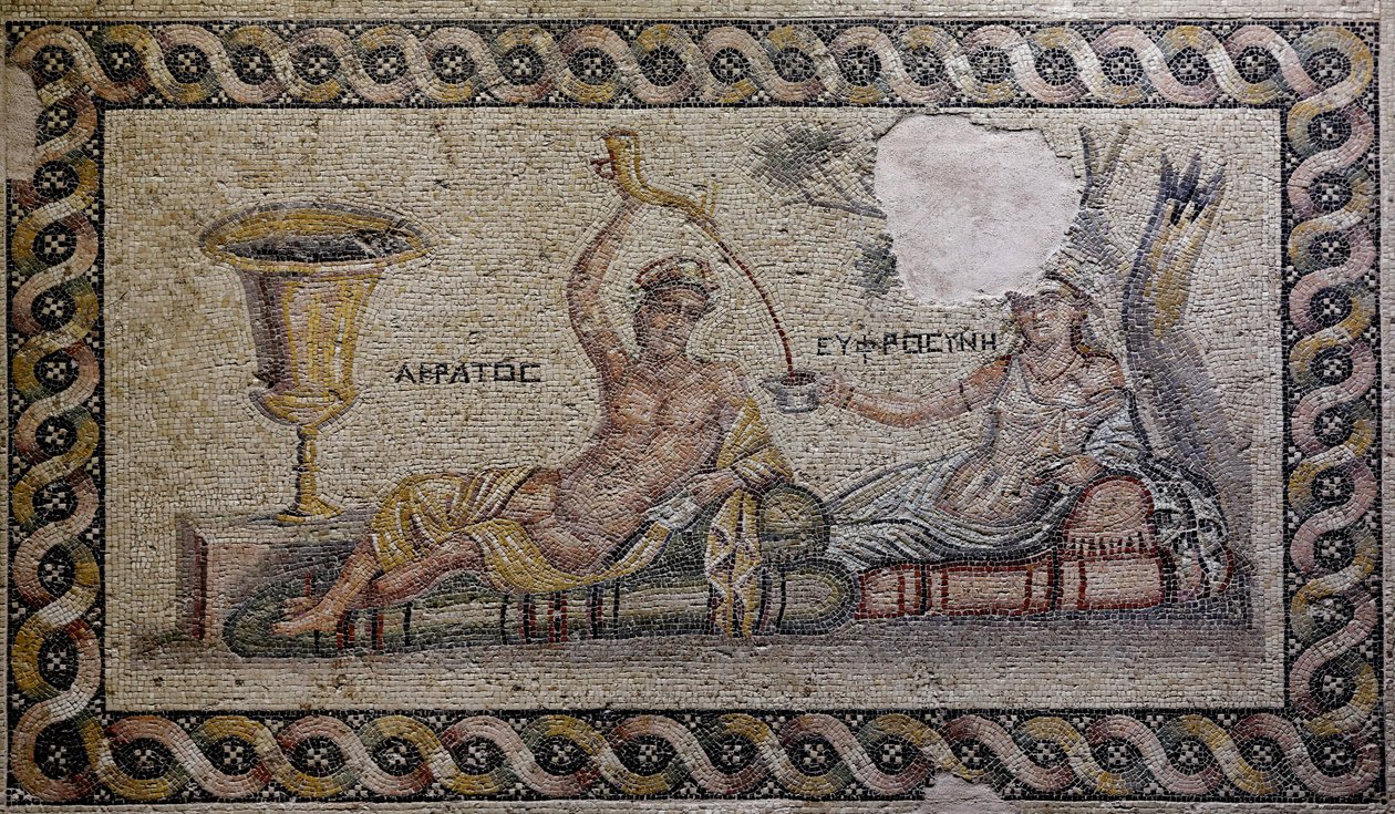 Kratos und Euphrosyne - Mosaik, Akratos und Euphrosyne, Zeugma-Mosaikmuseum, Gaziantep, Südostanatolien, Anatolien, Türkei, Asien von Unbekannter Künstler
