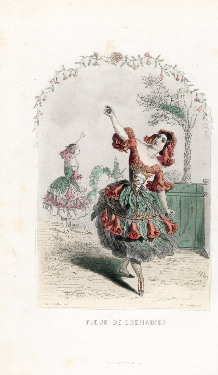Die Granatapfelblütenfee tanzt - Radierung von Charles Geoffroy nach einer Illustration von Jean Ignace Isidore Gerard dit J.J.Granville für Les fleurs animées von Unbekannter Künstler