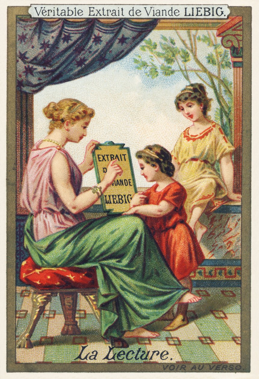 Das Lesen. Eine sitzende junge Frau zeigt zwei stehenden Mädchen ein Werbeschild von Liebig. Chromolithographische Werbung, Liebig