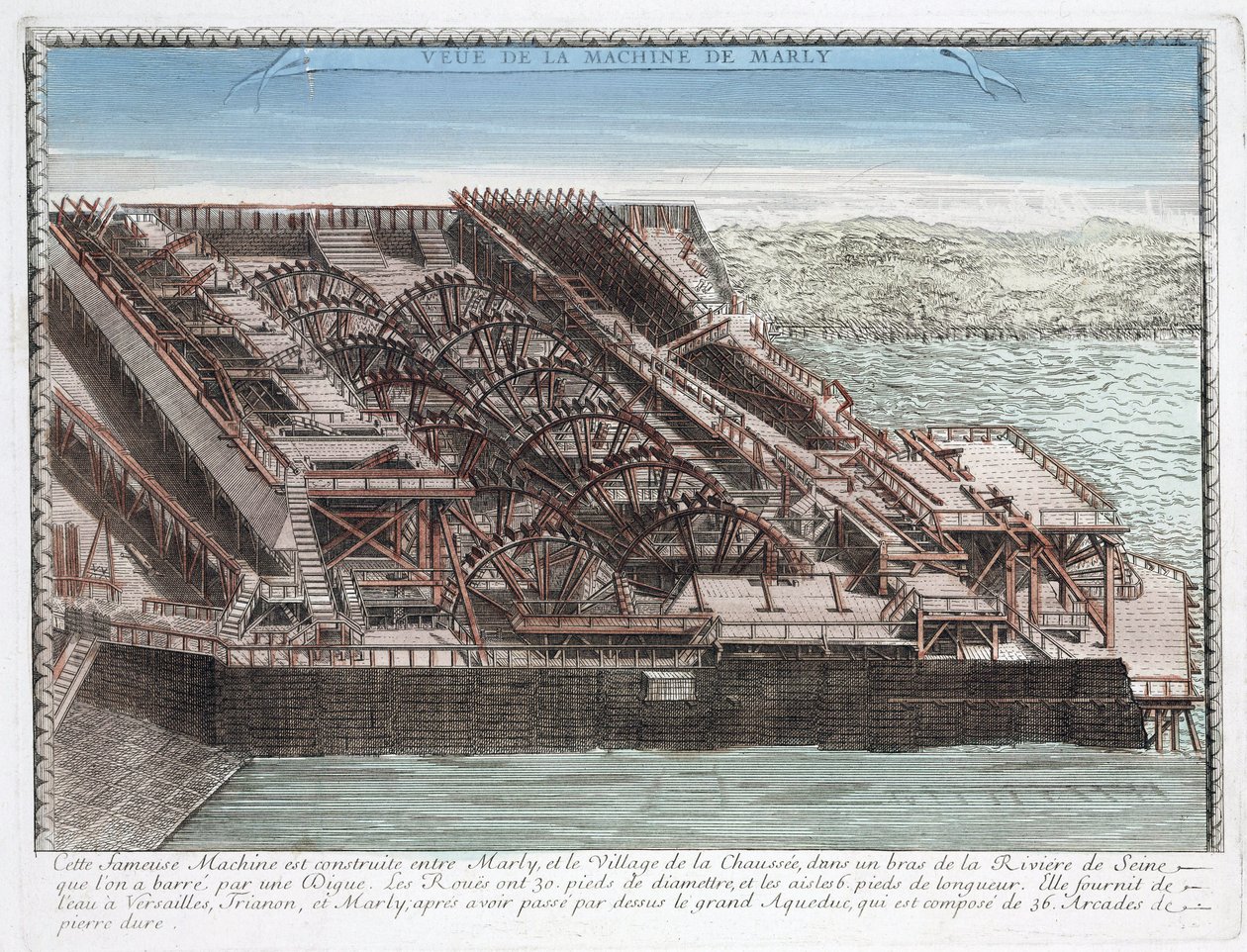 Die Maschine von Marly von Rennequin, die dazu diente, Wasser aus der Seine nach Versailles zu pumpen und zu leiten, um die Parks der Schlösser von Marly und Versailles mit Wasser zu versorgen von Unbekannt
