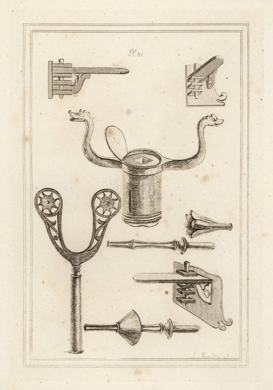 Lanzenstütze 1,2,3, Musketenstütze 4,5, Koronel oder Krone von einer Turnierlanze 6, Stab oder Griff einer Turnierlanze mit Handprotektor 7, und Turnierlanze ohne Handprotektor 8 von Unbekannt