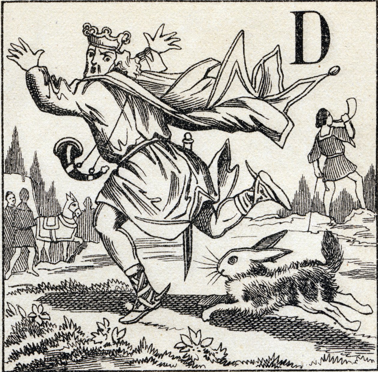 Buchstabe D: König Dagobert von einem Hasen verfolgt. Gravur in "ABC Les Images en Alphabet". Epinal-Bildgebung. Pellerin und Cie, Drucker-Verleger, Epinal, Ende des 19. Jahrhunderts, circa 1890. von Unbekannt